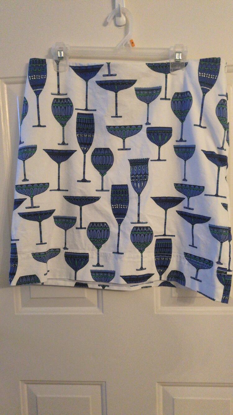 Talbots Blue & White A Line Skirt Wine Glasses Martini , Side Zip, Size 14